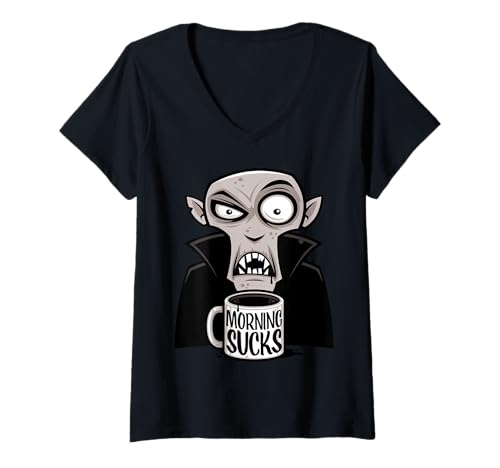 Damen Morning Sucks Grumpy Vampire, Kaffee-Design T-Shirt mit V-Ausschnitt Damen Morning Sucks Grumpy Vampire, Kaffee-Design T-Shirt mit V-Ausschnitt von Dead Tired - Funny Vampire Morning Coffee