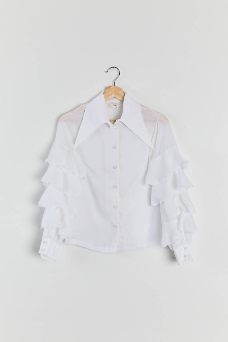 60S Weiße Schiere Rüschen Bluse Xs von DeadByrdVintage