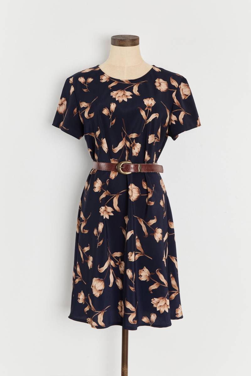 90Er Jahre Navy Tan Tulip Print Mini Kleid Gr von DeadByrdVintage