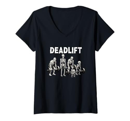 Damen Kreuzheben Fit Skelette & Zombies Lustiges Workout Halloween Gym T-Shirt mit V-Ausschnitt von Deadlift Fit Skeletons & Zombies Halloween Gym