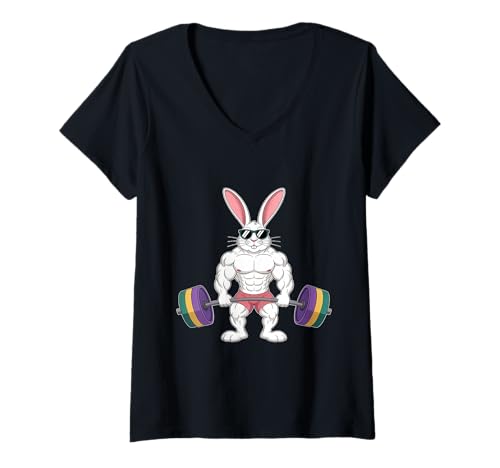 Damen Karikatur Kaninchen Hase Ostern Gewichtheben Kreuzheben T-Shirt mit V-Ausschnitt Damen Karikatur Kaninchen Hase Ostern Gewichtheben Kreuzheben T-Shirt mit V-Ausschnitt von Deadlifting Power Training Routine