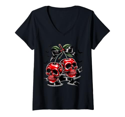 Damen Damen Gothic-Top mit Totenkopf-Motiv, für Halloween, Kokette T-Shirt mit V-Ausschnitt Damen Damen Gothic-Top mit Totenkopf-Motiv, für Halloween, Kokette T-Shirt mit V-Ausschnitt von Deadly Cherry Collective Apparel Co.