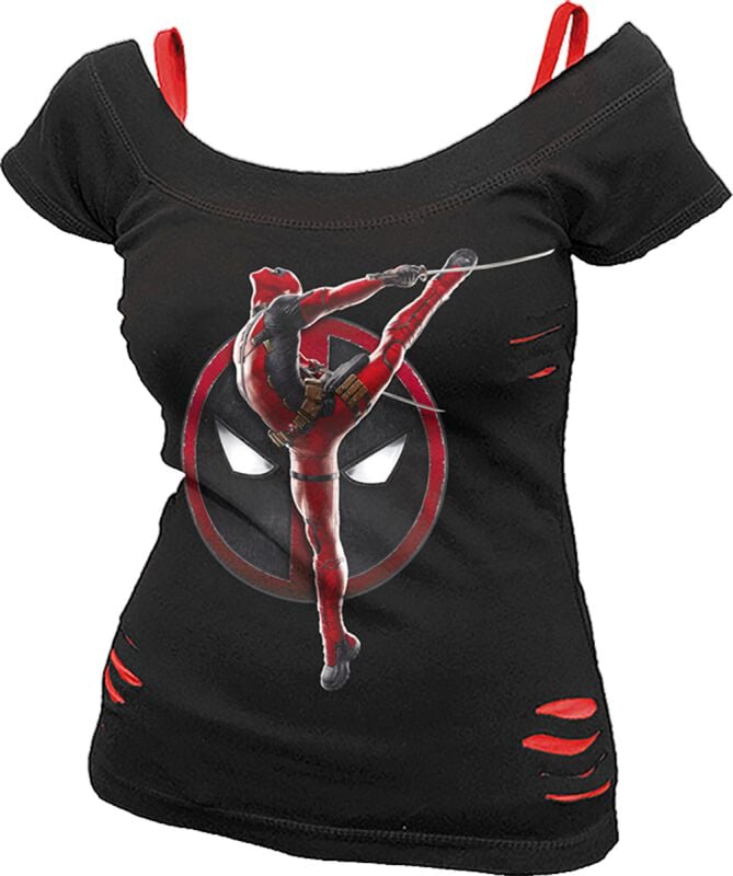 Deadpool - Marvel T-Shirt - Deadpool - Pose - 2 in1 Red Ripped Top - M bis XL - für Damen - Größe L - schwarz  - Lizenzierter Fanartikel von Deadpool