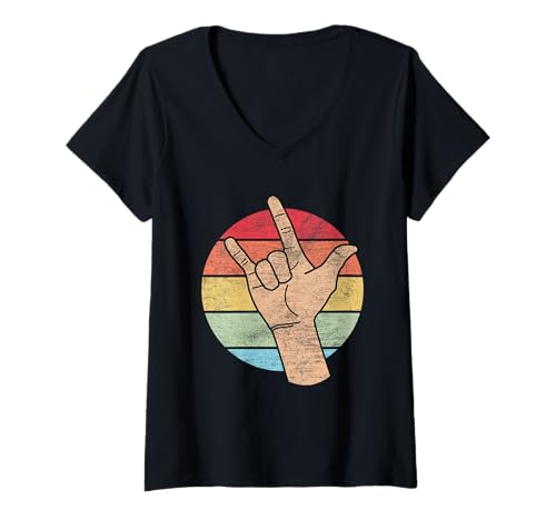 Damen Deaf I Love You Gebärdensprache Retro Groovy Deaf ASL Love T-Shirt mit V-Ausschnitt Damen Deaf I Love You Gebärdensprache Retro Groovy Deaf ASL Love T-Shirt mit V-Ausschnitt von Deaf ASL Sign Languge Tees