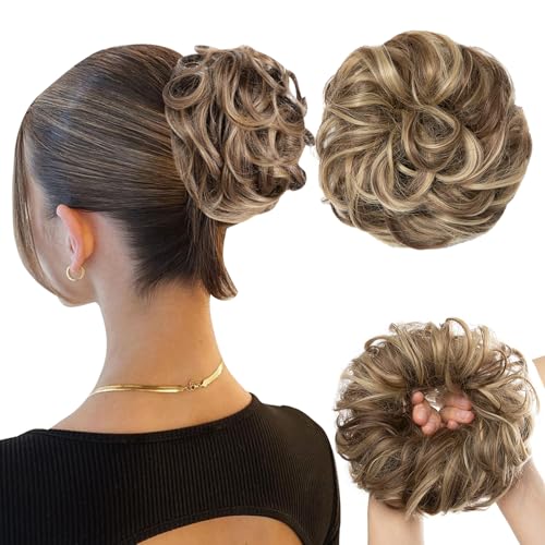 Unordentliche Haarknoten-Haargummis, zerrissenes Hochsteckfrisur-Haarteil, elastisches Haar-Donut-Dutt für Frauen (Hellbraun mit Blond) von Deaguid