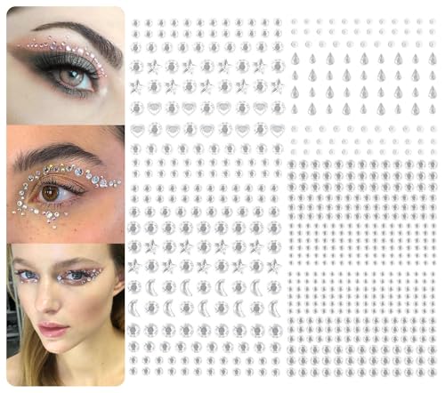 DealKits 750 Selbstklebend Kristall Aufkleber, Temporäre Edelstein-Tattoos für Augen und Gesicht, 3D Eyeliner Aufkleber Strass Glitter Make-Up Nail-Art Dekorationen Accessoires-mehrere Muster von DealKits