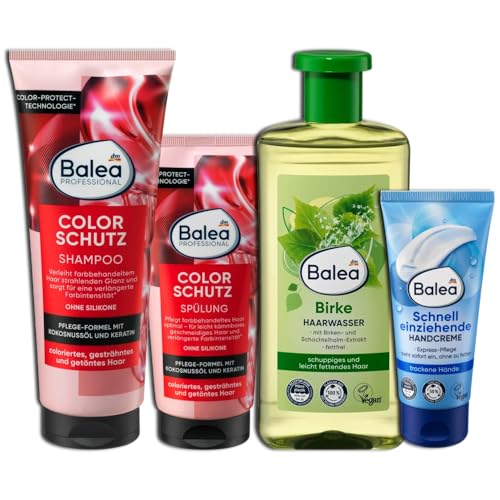 Balea 4er Set: Shampoo 250 ml und Spülung 200 ml Coloriertes Haar Ohne Silikone, Haarwasser Birke, 500 ml + Handcreme schnell einziehend, trockene Haut 100 ml von DealStory