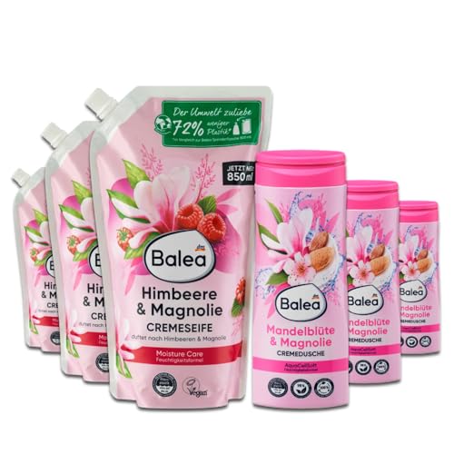Balea 7er Set: Cremeseife Himbeere & Magnolie Nachfüllpack, 3x850 ml - Cremedusche Mandelblüte & Magnolie, 3x300 ml – 1 x Duftkerze im Glas Balea 7er Set: Cremeseife Himbeere & Magnolie Nachfüllpack, 3x850 ml - Cremedusche Mandelblüte & Magnolie, 3x300 ml – 1 x Duftkerze im Glas von DealStory