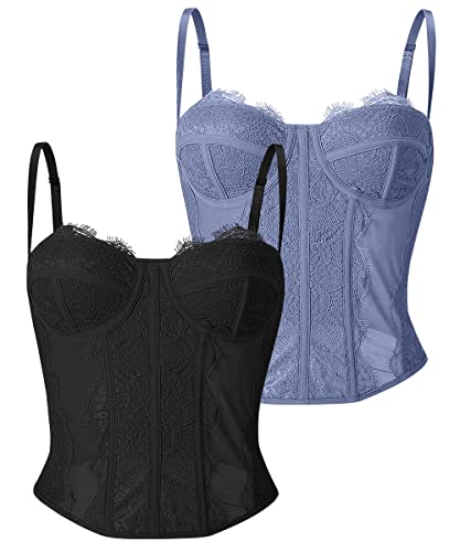 Dealmore Damen Herbst 2023 Spitze schwarz und blau 2er Pack Camisole Crop Tank Tops Sexy Mesh Going Out Y2K Korsett Top, 2P - Schwarz und Blau, Small von Dealmore