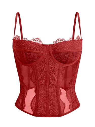 Dealmore Damen-Korsett mit Spitze, Netzstoff, sexy, Vintage, Spaghettiträger, offener Rücken, Korsett zum Ausgehen, Party-Top, Rot/Ausflug, einfarbig (Getaway Solids), Small von Dealmore