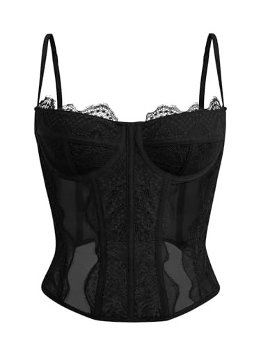 Dealmore Damen Sommer Spitze Bustier Mesh Sexy Vintage Spaghettiträger Offener Rücken Korsett Ausgehen Party Crop Top, Schwarz, X-Large von Dealmore