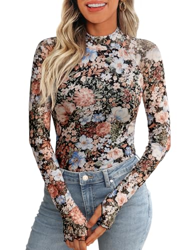 Dealmore Langärmeliges Spitzenoberteil mit Blumenmuster und Netzstoff, Mockneck für Damen, modisches Herbstoutfit 2024, Floral Fierce, X-Groß von Dealmore