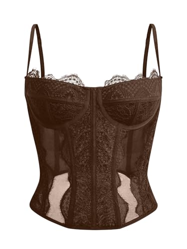 Dealmore Korsett-Tops für Damen – Ausgeh-Spitzen-Mesh-Top mit Spaghettiträgern – Abendtop für Party und Club, Braun, X-Large von Dealmore