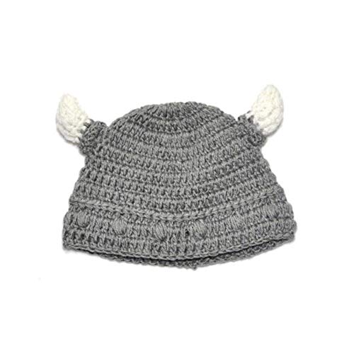Deanyi Baby Bull Horn Mütze Handmade Knitting Viking Hut Rind Horn Kappe für Jungen Mädchen Grau Kleidung von Deanyi