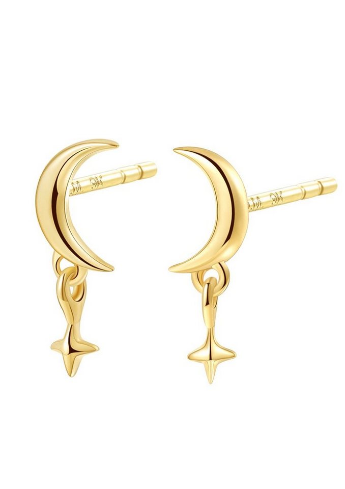 Dear Me Paar Ohrstecker Damen 375 Gold Stern Mond, Gold Ohrringe Massiv klein, 9K Echtgold Halbmond Stern Ohrstecker hängend, Geschenk Idee von Dear Me