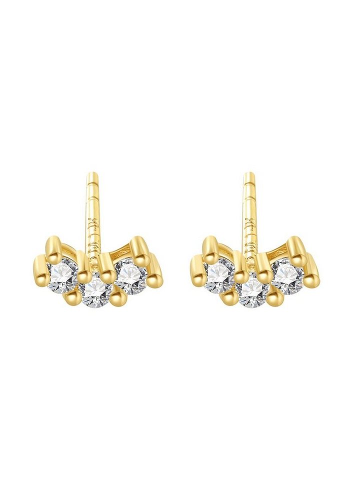 Dear Me Paar Ohrstecker Damen 585 Gold drei Zirkonia, Echtgold Ohrringe für Braut, Ohrringe 14K Massivgold Kristalle klein von Dear Me