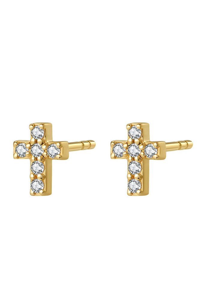 Dear Me Paar Ohrstecker Damen 585 Gold Kreuz Zirkonia klein, Echtgold Schmuck, 14K Massivgold Ohrringe Kreuz Glaube Kristalle, Brautschmuck von Dear Me