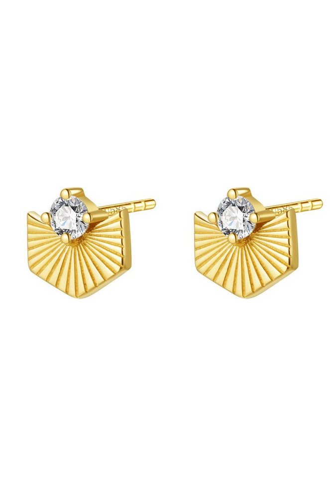 Dear Me Paar Ohrstecker Sonnenstrahlen Damen 585 Gold Zirkon klein, 14K Massivgold Ohrringe Kristall Solitär Geo, Echtgold Brautschmuck von Dear Me