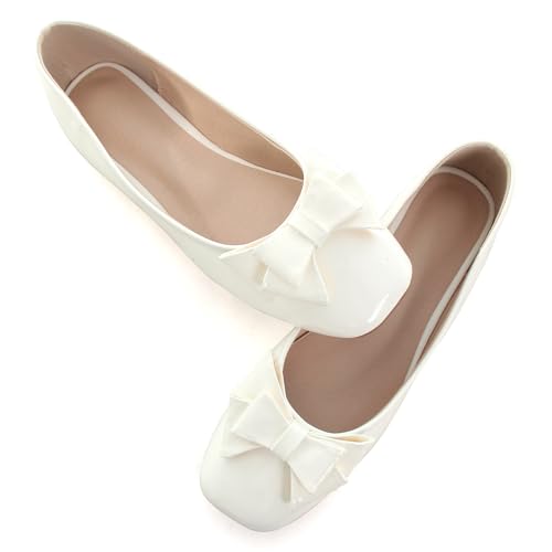 Dear Time Damen Casual Faltbare Ballerinas Quadratische Zehen Ballerina Flache Schuhe Bequem, Lackleder 267-weiß, 39.5 EU von Dear Time