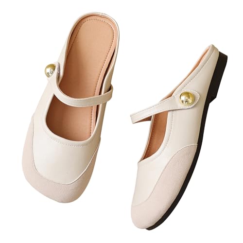 Dear Time Damen Geschlossene Zehen Flats Rückenfrei Mary Jane Slip on Schuhe Bequeme Pantoletten, aprikose, 40 EU von Dear Time
