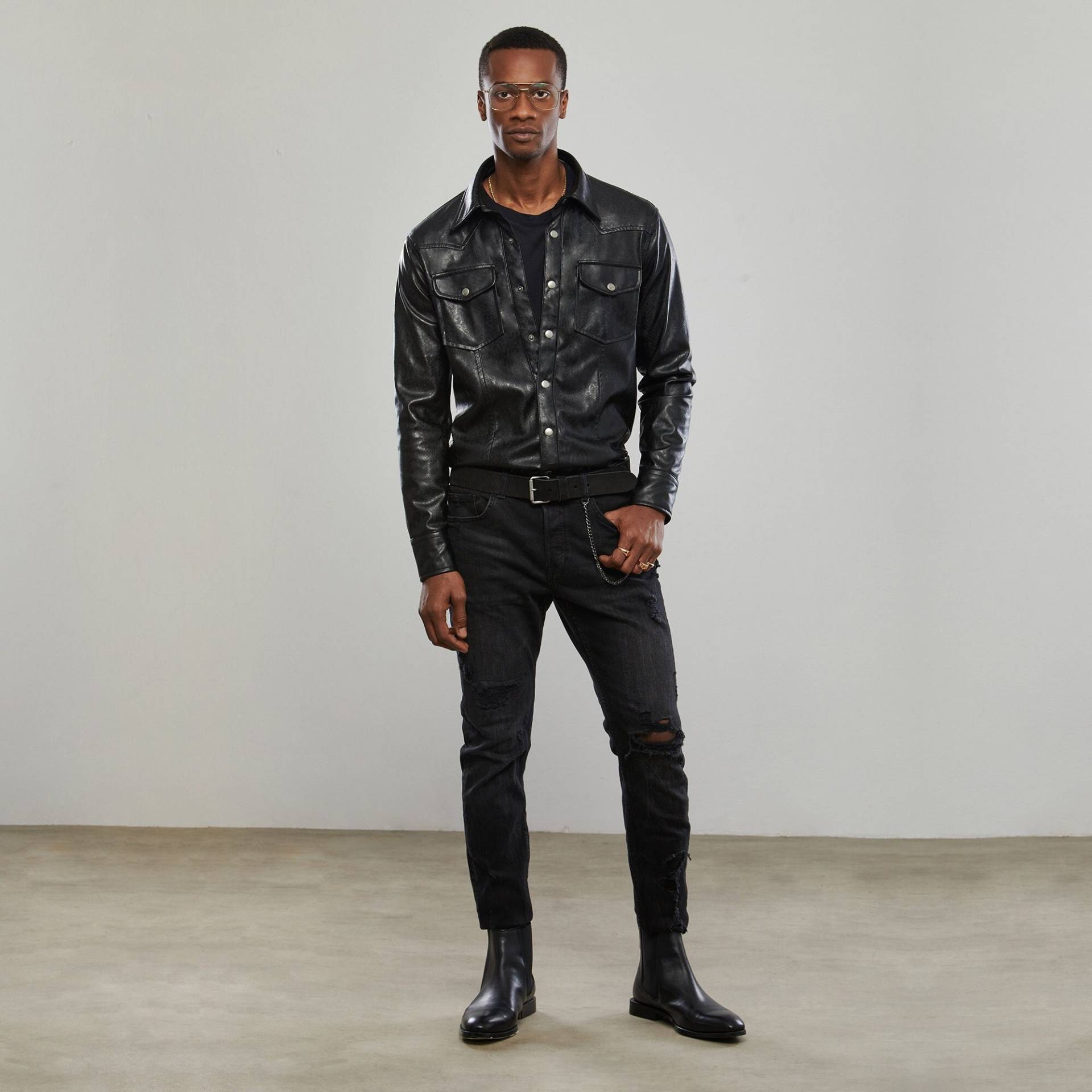 Herren Schwarz Python Print Western-Hemd | Matte Kunstleder Shacket Schlangen Struktur Rocker Jacke Party Wear Geschenk Für Ihn von DearDeerMenswear