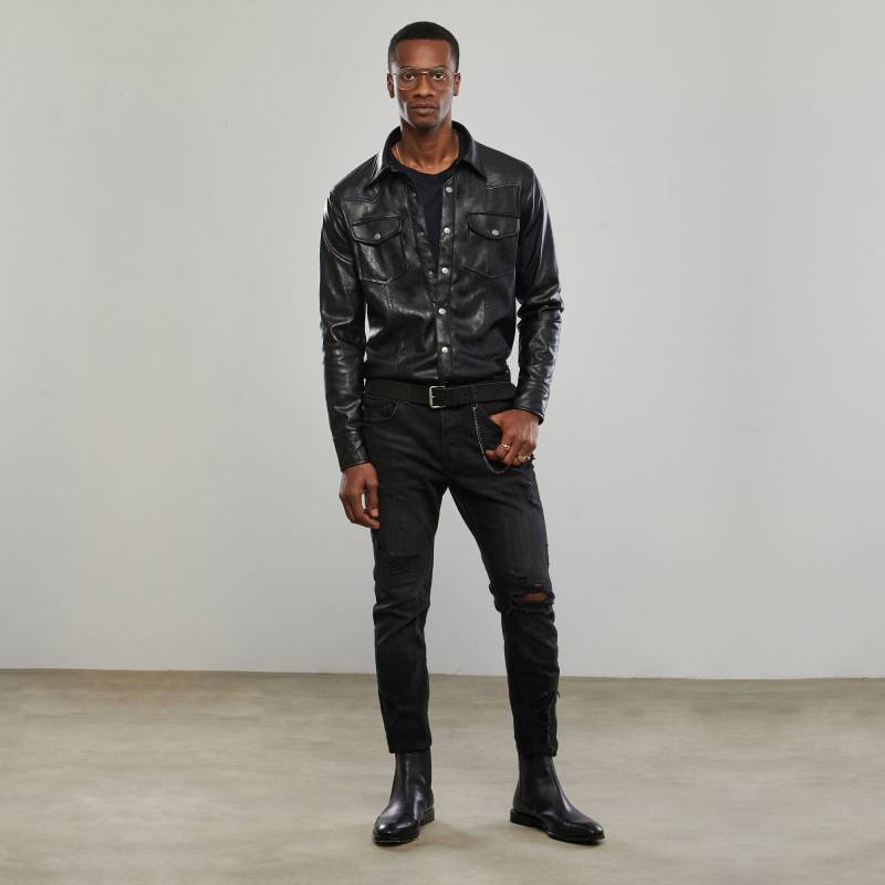 Herren Schwarz Python Print Western-Hemd | Matte Kunstleder Shacket Schlangen Struktur Rocker Jacke Party Wear Geschenk Für Ihn von DearDeerMenswear