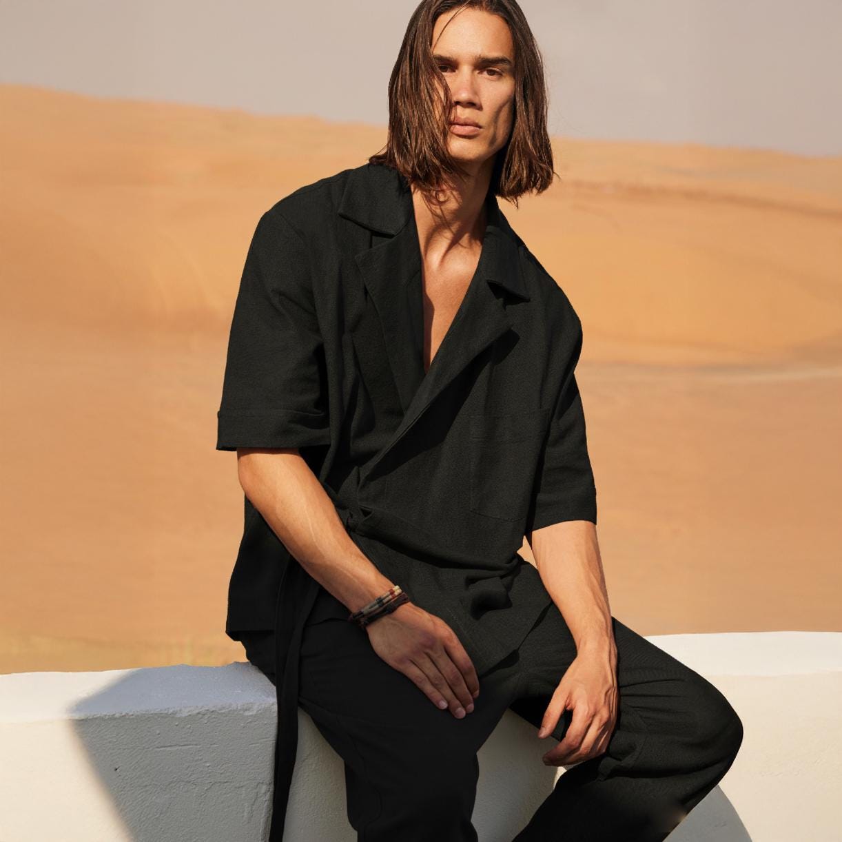 Schwarzer Leinenanzug Für Männer - Kimono-style-Jacke & Hose, Boho-Minimalist-Hochzeits-Outfit, Sommer-Resort-Wear von DearDeerMenswear