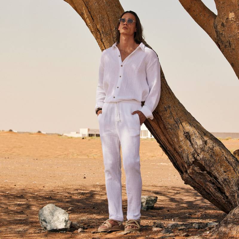 Weißer Musselin-Set Für Herren, Atmungsaktives Baumwoll-Outfit Strandhochzeit, Resort-Wear, Sommer-Boho-Kleidung von DearDeerMenswear