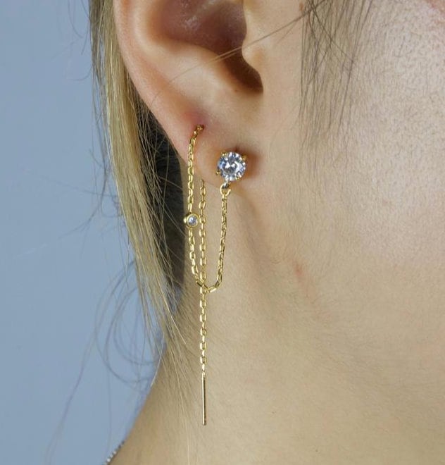 Vergoldeter Türkis Threader Ohrring, Cz Double Piercing von DearMia