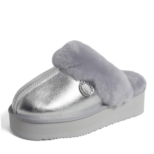 Dearfoams Damen Fireside Melton Genuine Shearling Shearling Plateau Hausschuhe Scuff, Silberne Plattform, 40.5 EU von Dearfoams