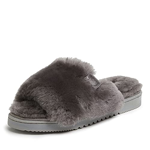 Dearfoams Damen Fireside Shearling Slide mit Metallischem Wildlederbesatz Hausschuh, grau, 40 EU von Dearfoams