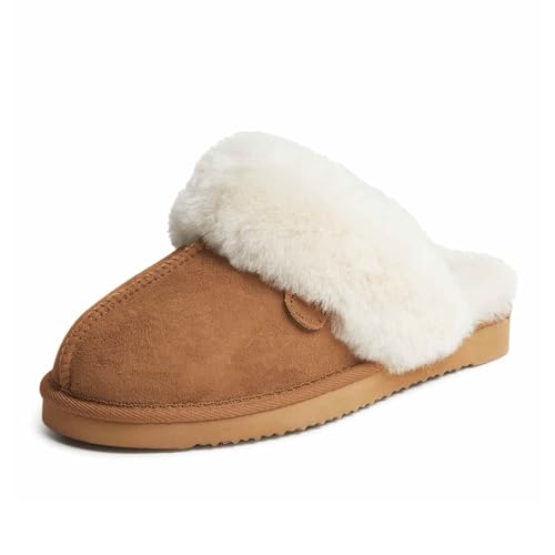 Dearfoams Damen Fireside Sydney Shearling Fur Indoor/Outdoor Scuff Slipper with Wide Widths Hausschuh, Kastanie, 39.5 EU Weit von Fireside by Dearfoams
