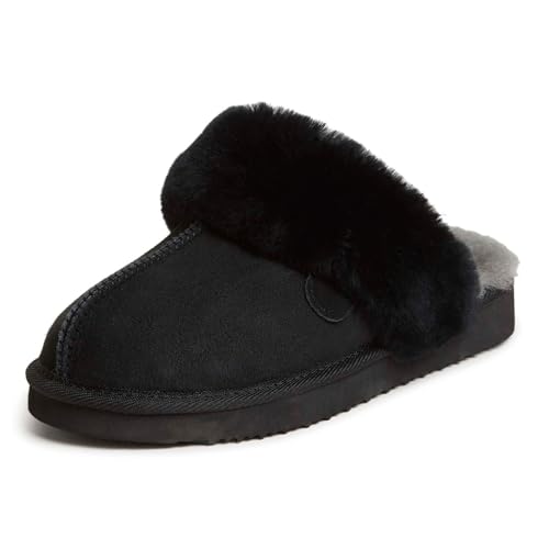 Dearfoams Damen Fireside Sydney Shearling Pelz Slipper für Drinnen und Draußen Breiten Hausschuh, Schwarz, 38.5 EU Weit von Fireside by Dearfoams