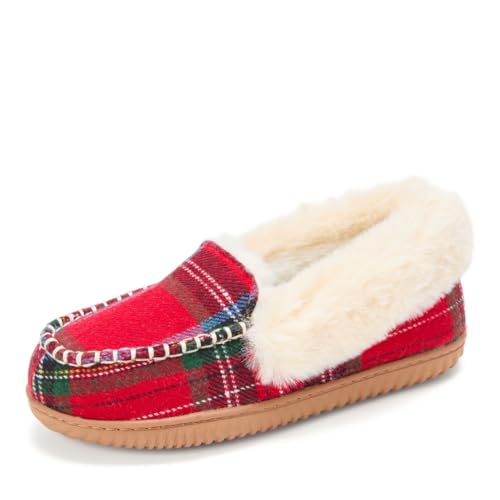 Dearfoams Damen Gifts Fuzzy Memory Foam Outdoor Ryland Mokassin mit Manschette Hausschuhe, Rotes Karomuster, 5-6 von Dearfoams