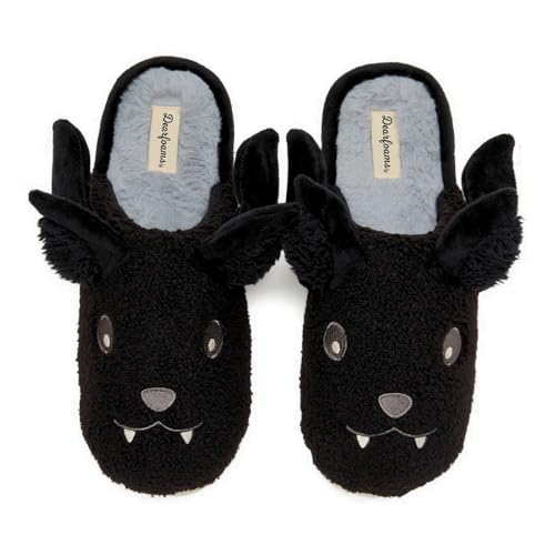 Dearfoams Unisex-Erwachsene Gruselige Fuzzy Halloween Kürbis Jack O Lantern Slipper, Schwarze Fledermaus, 9-10 Women/7-8 Men von Dearfoams