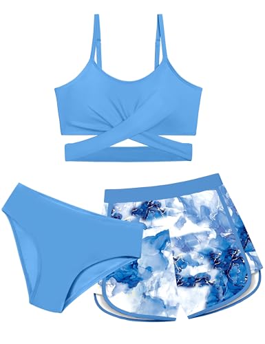 Dearnow Mädchen Badeanzug 3-teilig Badeanzug Criss Cross Bikini Set Mädchen Bademode mit Shorts 7-16T, Blau, 11-12 Jahre von Dearnow