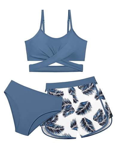 Dearnow Mädchen Badeanzug 3-teilig Badeanzug Criss Cross Bikini Set Mädchen Bademode mit Shorts 7-16T, Dunkelblau, 11-12 Jahre von Dearnow