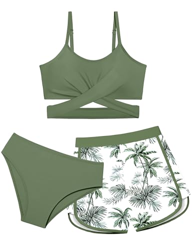 Dearnow Mädchen Badeanzug 3-teilig Badeanzug Criss Cross Bikini Set Mädchen Bademode mit Shorts 7-16T, Grün , 15-16 Jahre von Dearnow