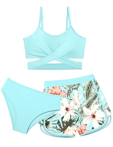 Dearnow Mädchen Badeanzug 3-teilig Badeanzug Criss Cross Bikini Set Mädchen Bademode mit Shorts 7-16T, Hell, blau, 9-10 Jahre von Dearnow