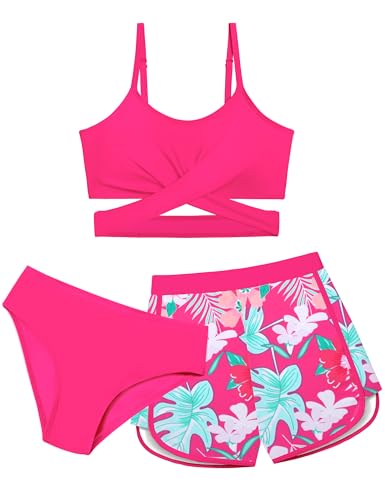 Dearnow Mädchen Badeanzug 3-teilig Badeanzug Criss Cross Bikini Set Mädchen Bademode mit Shorts 7-16T, Pink, 13-14 Jahre von Dearnow