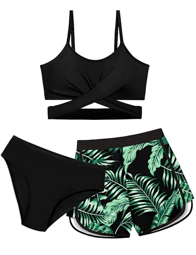 Dearnow Mädchen Badeanzug 3-teilig Badeanzug Criss Cross Bikini Set Mädchen Bademode mit Shorts 7-16T, Schwarz, 15-16 Jahre von Dearnow