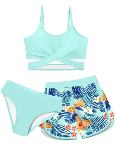 Dearnow Mädchen Badeanzug 3-teilig Badeanzug Criss Cross Bikini Set Mädchen Bademode mit Shorts 7-16T, coral blue, 15-16 Jahre von Dearnow