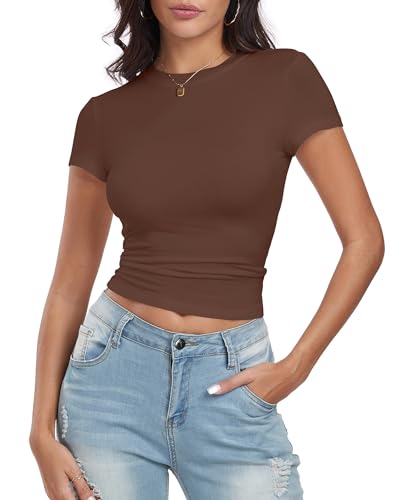 Deaviya Damen T-Shirt, Y2K Oberteile Slim Fit, Basic Tshirt Skims Dupe für Damen, Kurzarm Frauen Streetwear (DE/NL/SE/PL, Alphanumerisch, L, Regular, Regular, Braun) von Deaviya