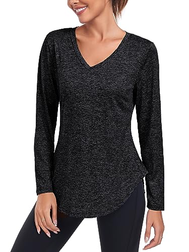 Deaviya Sportshirt Langarm Damen, Laufshirt Langarm, Langarmshirt Fitness Oberteil, V-Ausschnitt Workout Longsleeve Tshirts (DE/NL/SE/PL, Alphanumerisch, XXL, Regular, Regular, Schwarz) von Deaviya