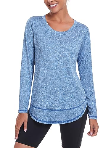 Deaviya Langarm Sportshirt für Damen, Langarmshirt Damen Sport Oberteil, Rundhalsausschnitt Laufshirt Langarm Locker (DE/NL/SE/PL, Alphanumerisch, S, Regular, Regular, Blau#) von Deaviya