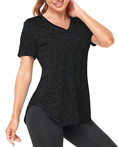 Deaviya Sport T-Shirt Damen, Fitness Sport Shirt Kurzarm Oberteile, V-Ausschnitt Laufshirt für Frauen, Workout, Gym Yoga Shirt Damen (DE/NL/SE/PL, Alphanumerisch, XXL, Regular, Regular, Schwarz) von Deaviya