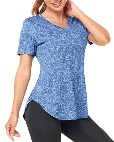Deaviya Sport T-Shirt Damen, Fitness Sport Shirt Kurzarm Oberteile, V-Ausschnitt Laufshirt für Frauen, Workout, Gym Yoga Shirt Damen (DE/NL/SE/PL, Alphanumerisch, 3XL, Regular, Regular, Blau) von Deaviya