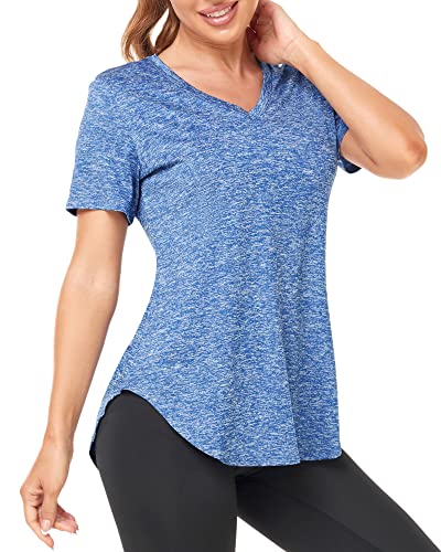 Deaviya Sport T-Shirt Damen, Fitness Sport Shirt Kurzarm Oberteile, V-Ausschnitt Laufshirt für Frauen, Workout, Gym Yoga Shirt Damen (DE/NL/SE/PL, Alphanumerisch, L, Regular, Regular, Blau) von Deaviya