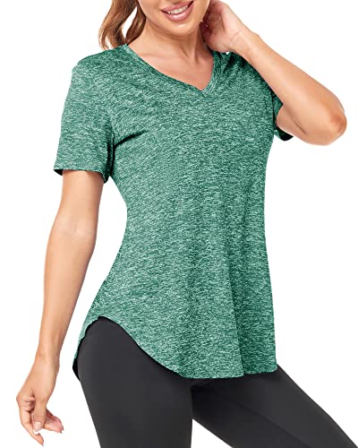 Deaviya Sport T-Shirt Damen, Fitness Sport Shirt Kurzarm Oberteile, V-Ausschnitt Laufshirt für Frauen, Workout, Gym Yoga Shirt Damen (DE/NL/SE/PL, Alphanumerisch, XXL, Regular, Regular, Grün) von Deaviya