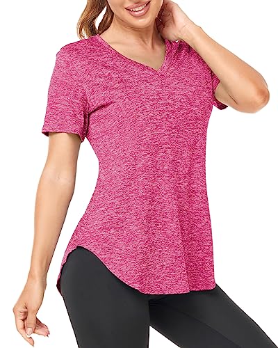 Deaviya Sport T-Shirt Damen, Fitness Sport Shirt Kurzarm Oberteile, V-Ausschnitt Laufshirt für Frauen, Workout, Gym Yoga Shirt Damen (DE/NL/SE/PL, Alphanumerisch, XXL, Regular, Regular, Rot) von Deaviya